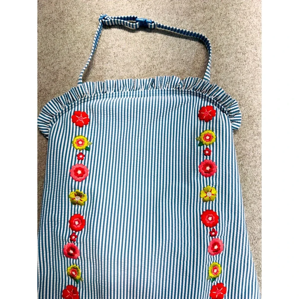 Boden Girl 11-12Y Blue White Stripe One Piece Swimsuit Embroidered Floral Halter